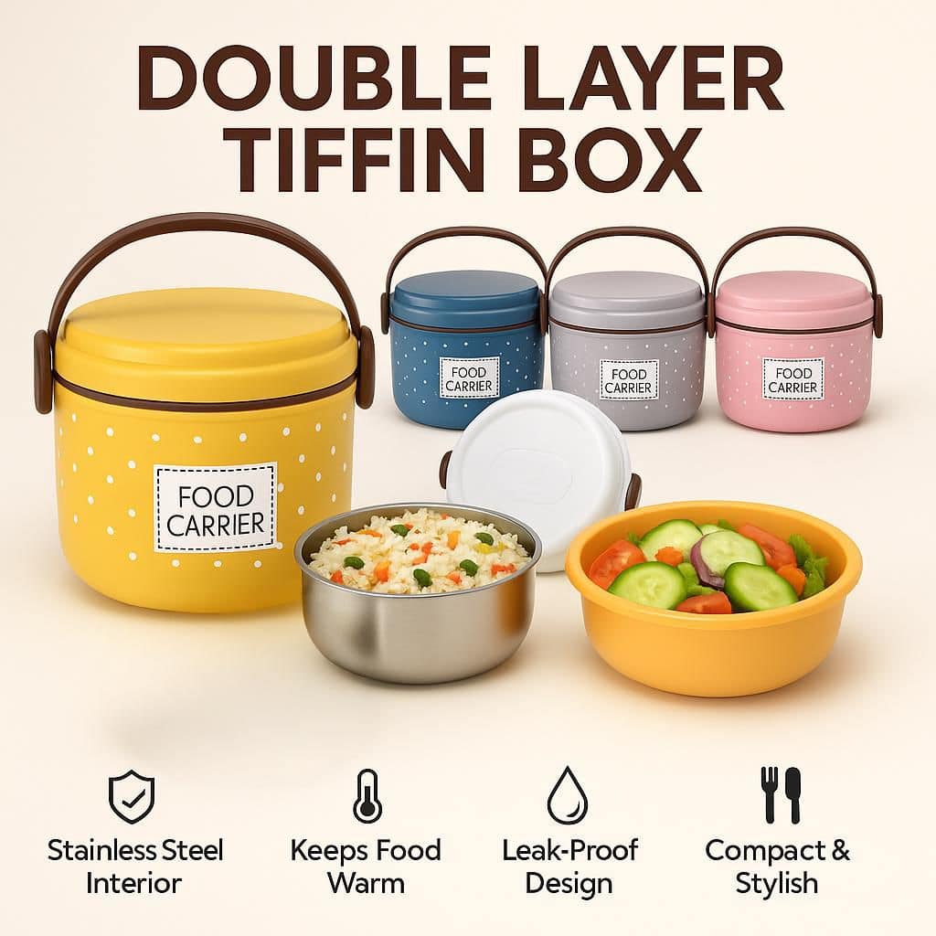 Double Layer Tiffon Lunch Box / Food Carrier – Compact and Portable (Random Colors)