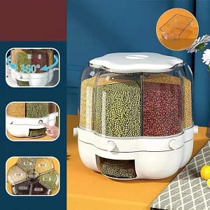 6-Grid 360° Rotating Grain Storage Container – One-Click Rice Dispenser (Round Design)