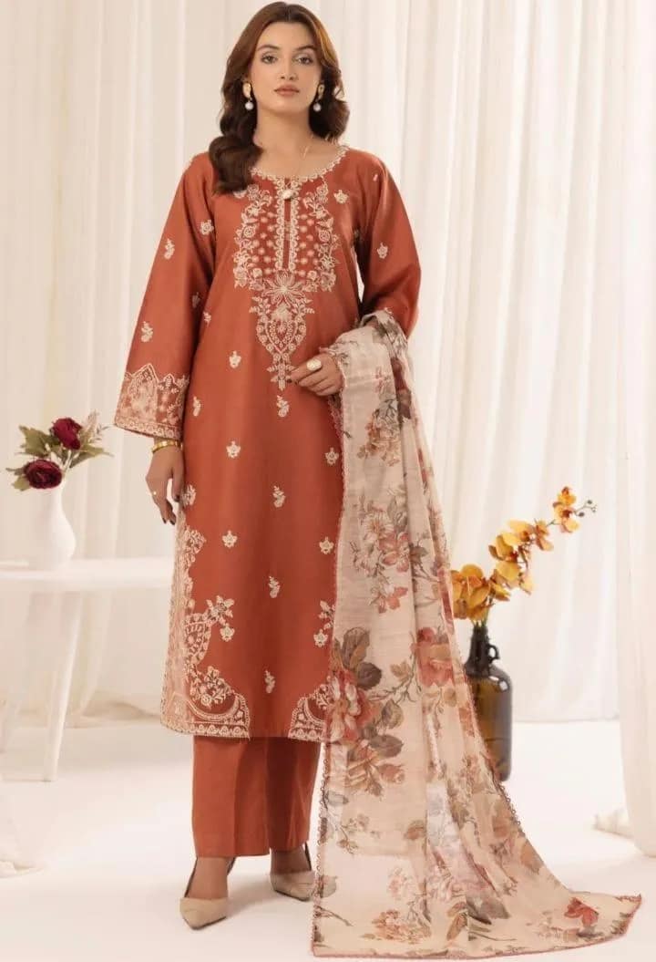 3 Pcs Women’s Unstitched Orange Suit