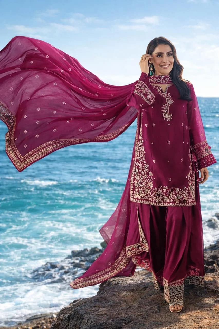 3 Pcs Women’s Unstitched Embroidered Suit Megenta Color